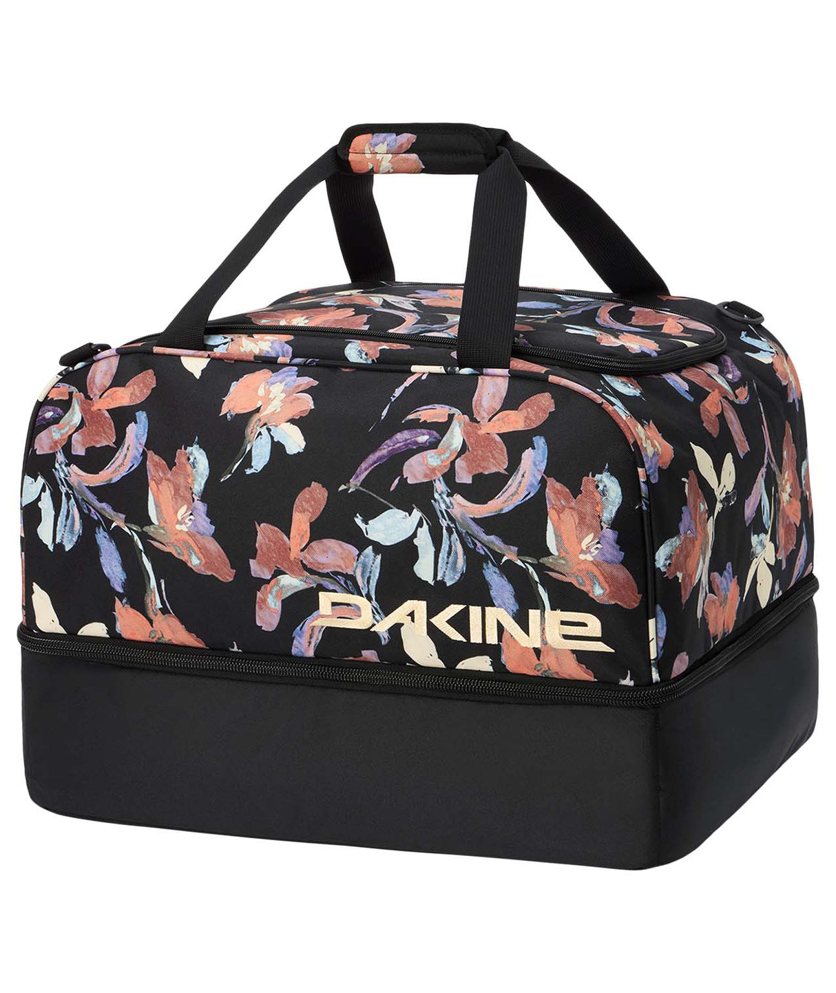 BootLocker69L-Black floral patterned boot bag on a white background