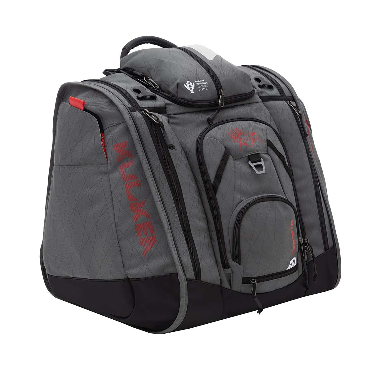 BootTrekkerBootBag- Grey, black, and red bag on a white background