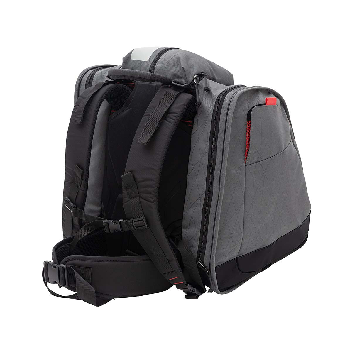 BootTrekkerBootBag- Grey, black, and red bag on a white background