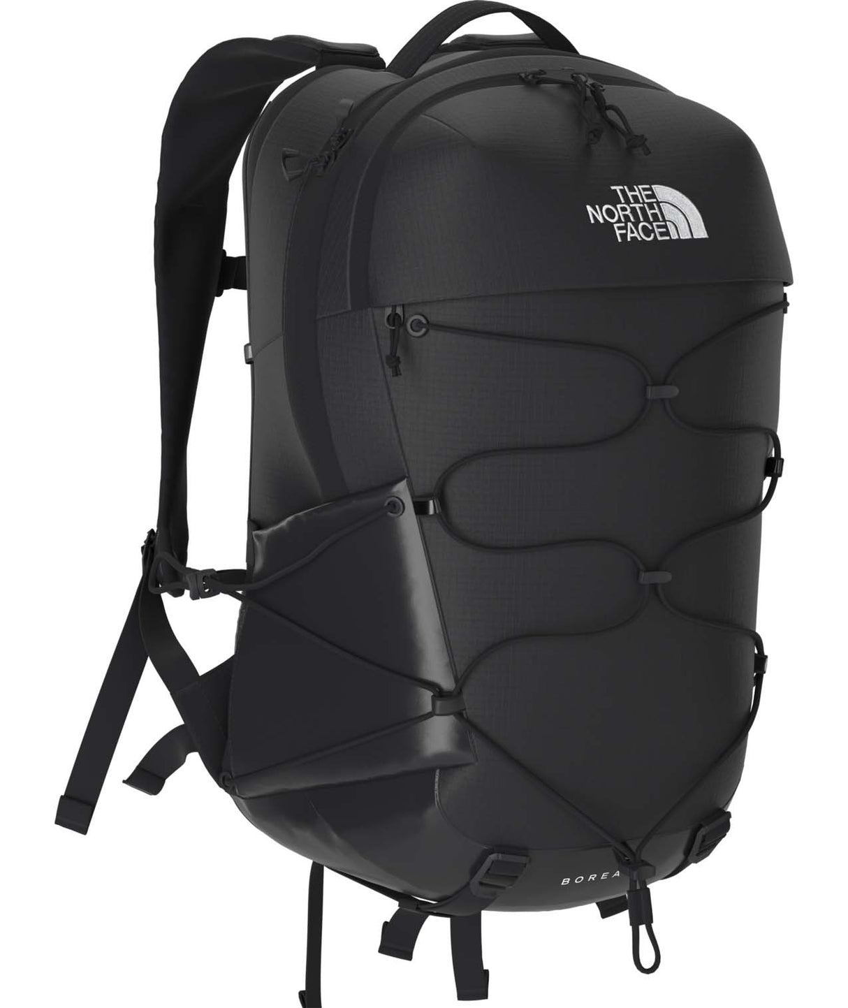 Borealis-Black backpack with The North Face logo on a white background
