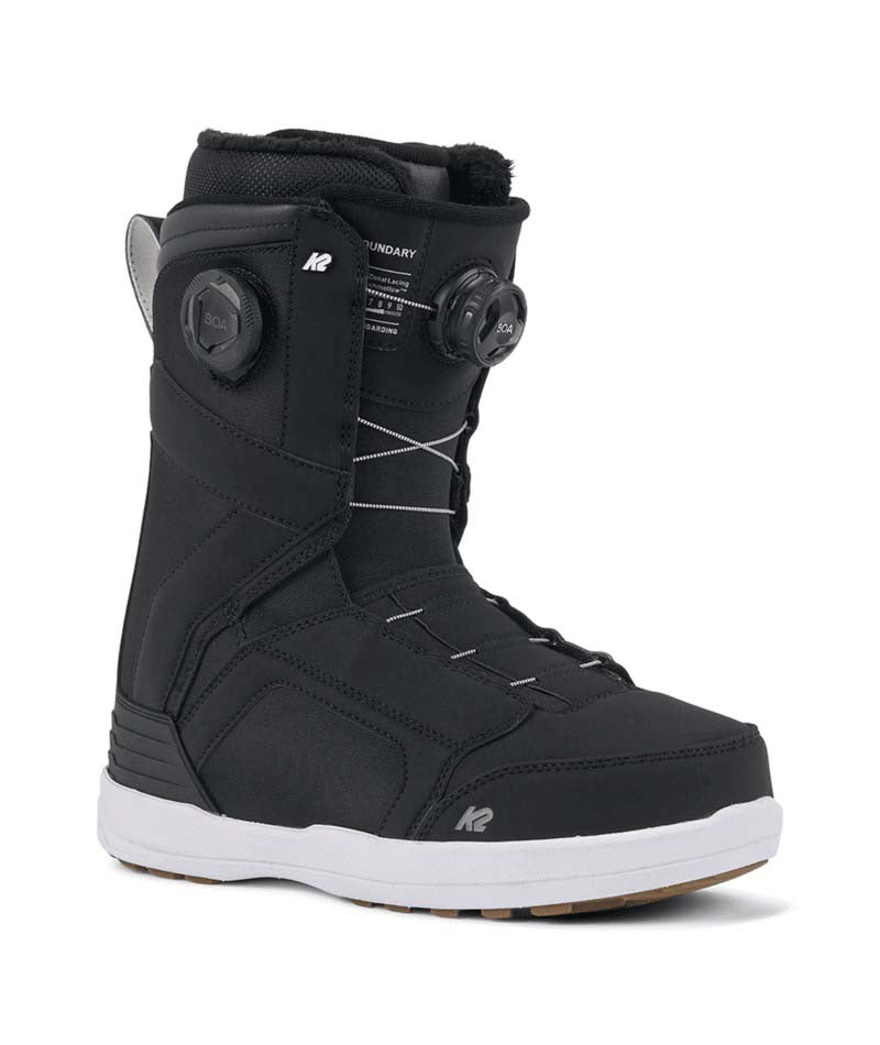 Boundary- Black snowboard boot on a white background