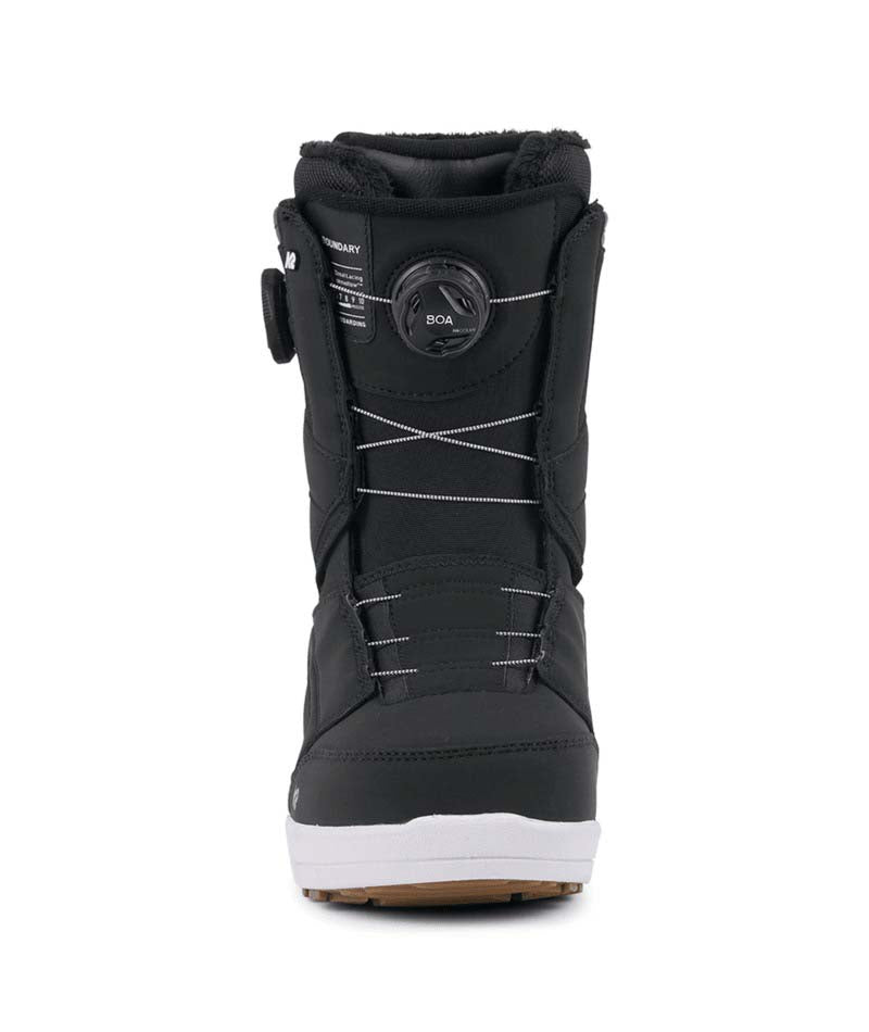 Boundary- Black snowboard boot on a white background