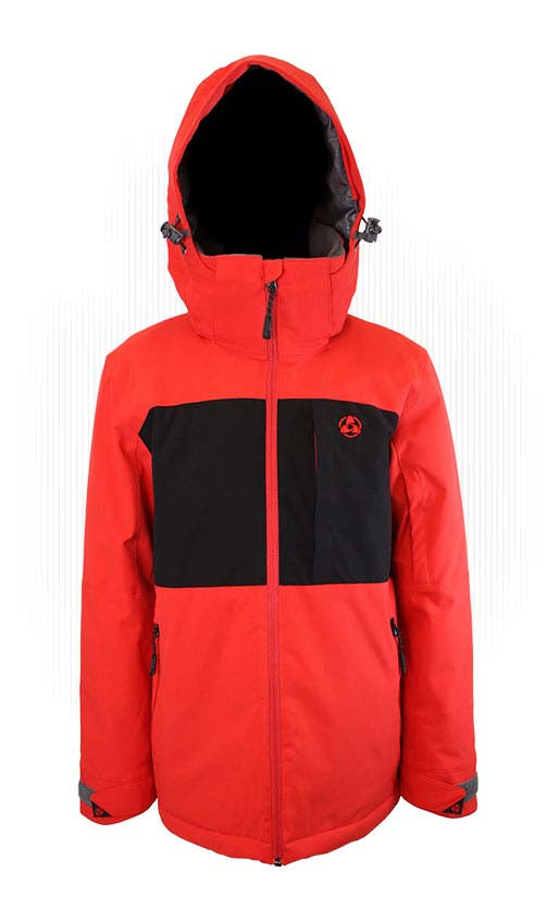 Boys1080Jacket- Red and black jacket with a hood on a white background