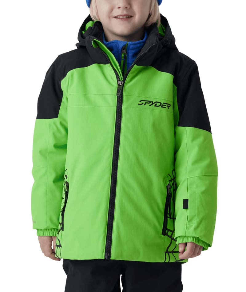 BoysChallengerJacket- Boy wearing a green and black ski jacket on a white background