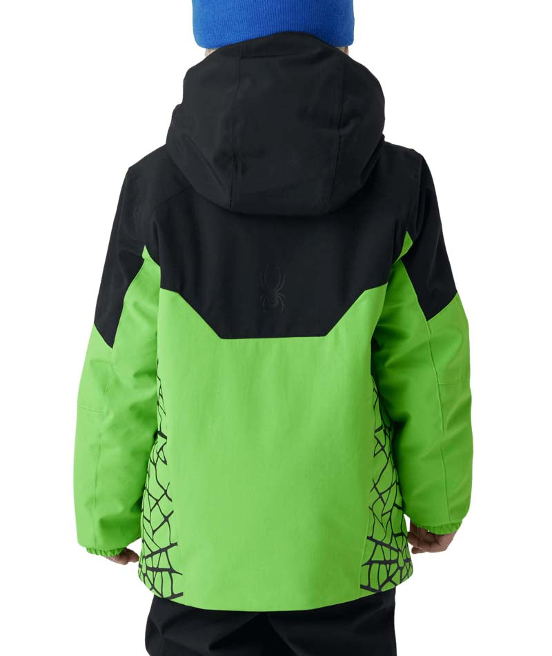 BoysChallengerJacket- Boy wearing a green and black ski jacket on a white background