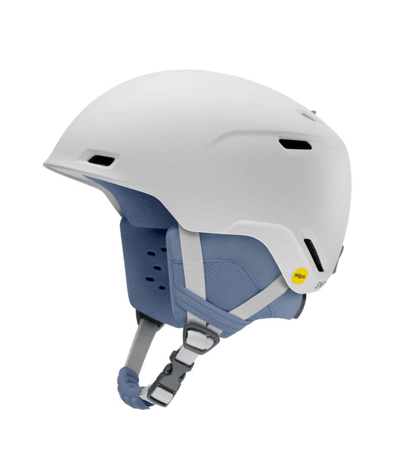 CacheMips-White and blue helmet with a visible brand logo on a white background