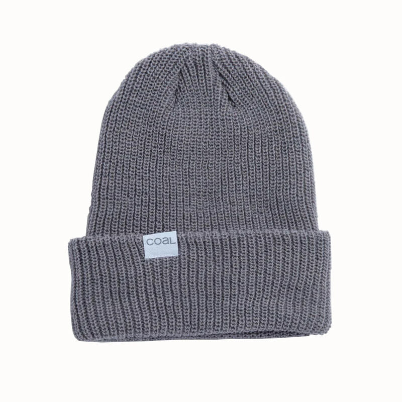 CoalTheStanleyBeanie-A dark gray ribbed knit beanie hat with a folded cuff, featuring a small white rectangular label on the front that reads 'coal'. The beanie is photographed against a clean, solid off-white background.
