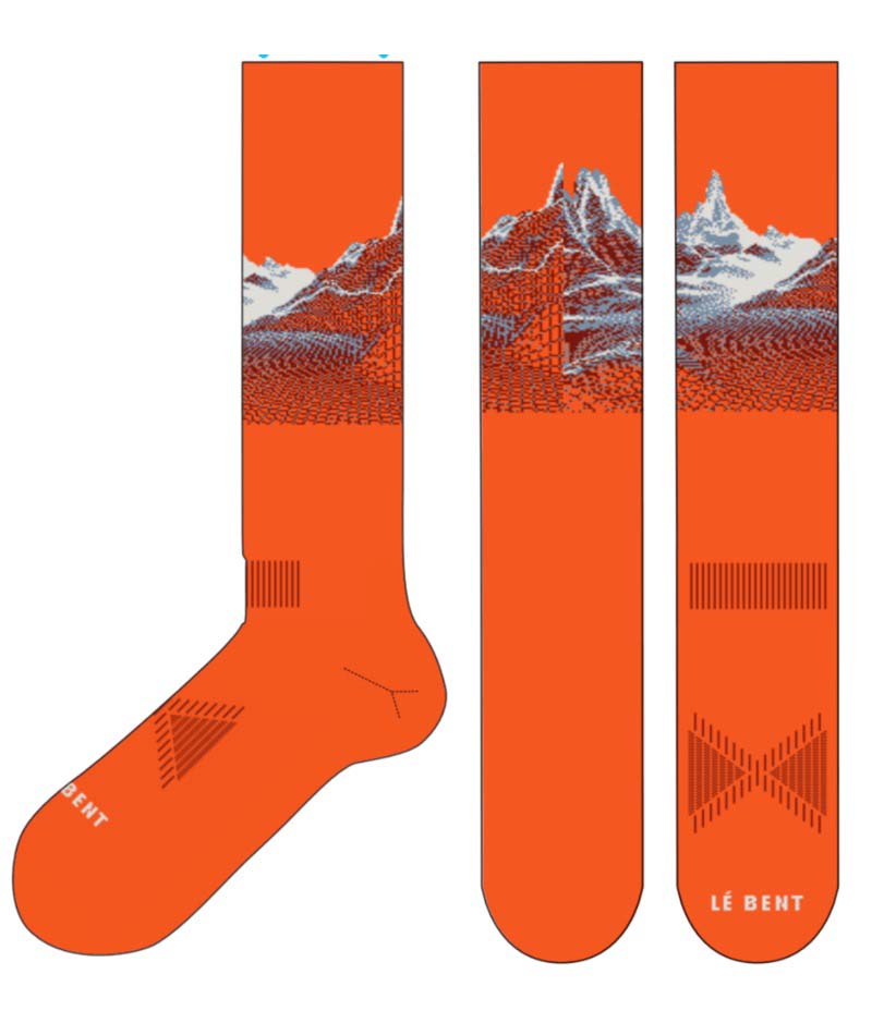 CodyTownsendProSeriesZeroCushionSnowSock-Orange socks with mountain design and 'LE BENT' branding on a white background