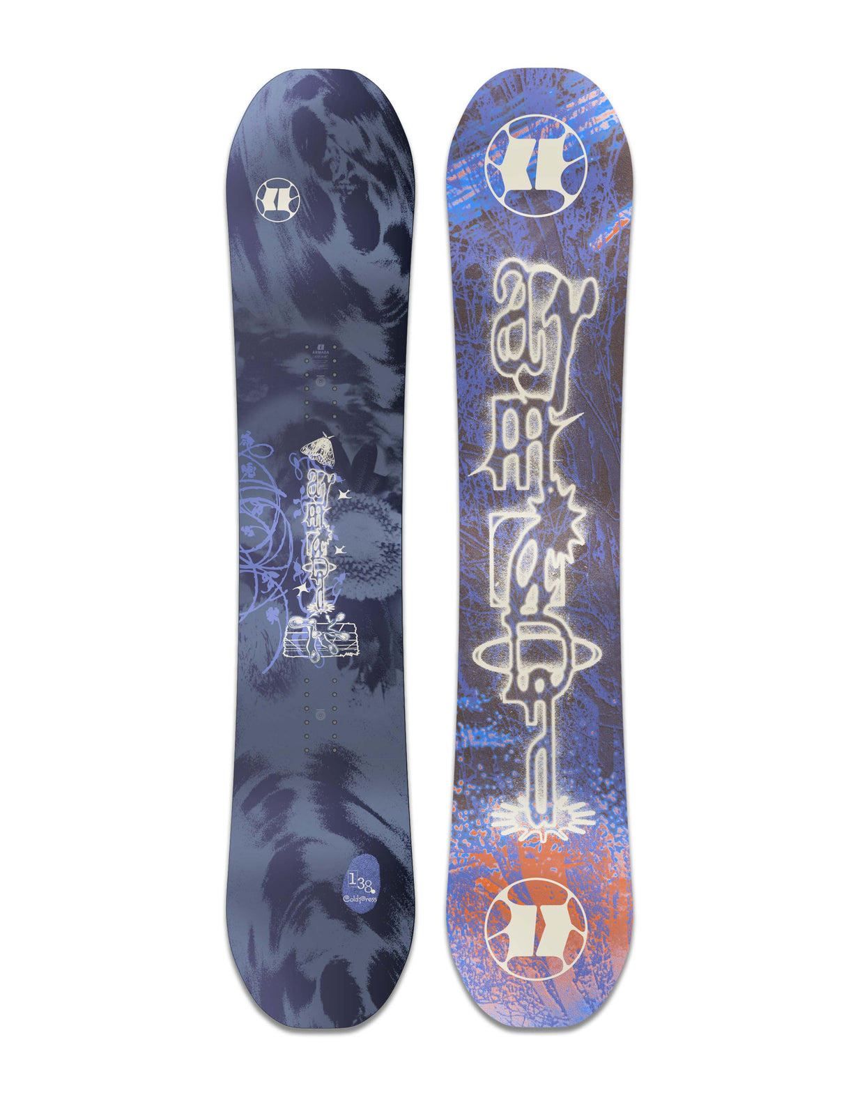 Coldpress- Purple multi colored snowboard on a white background