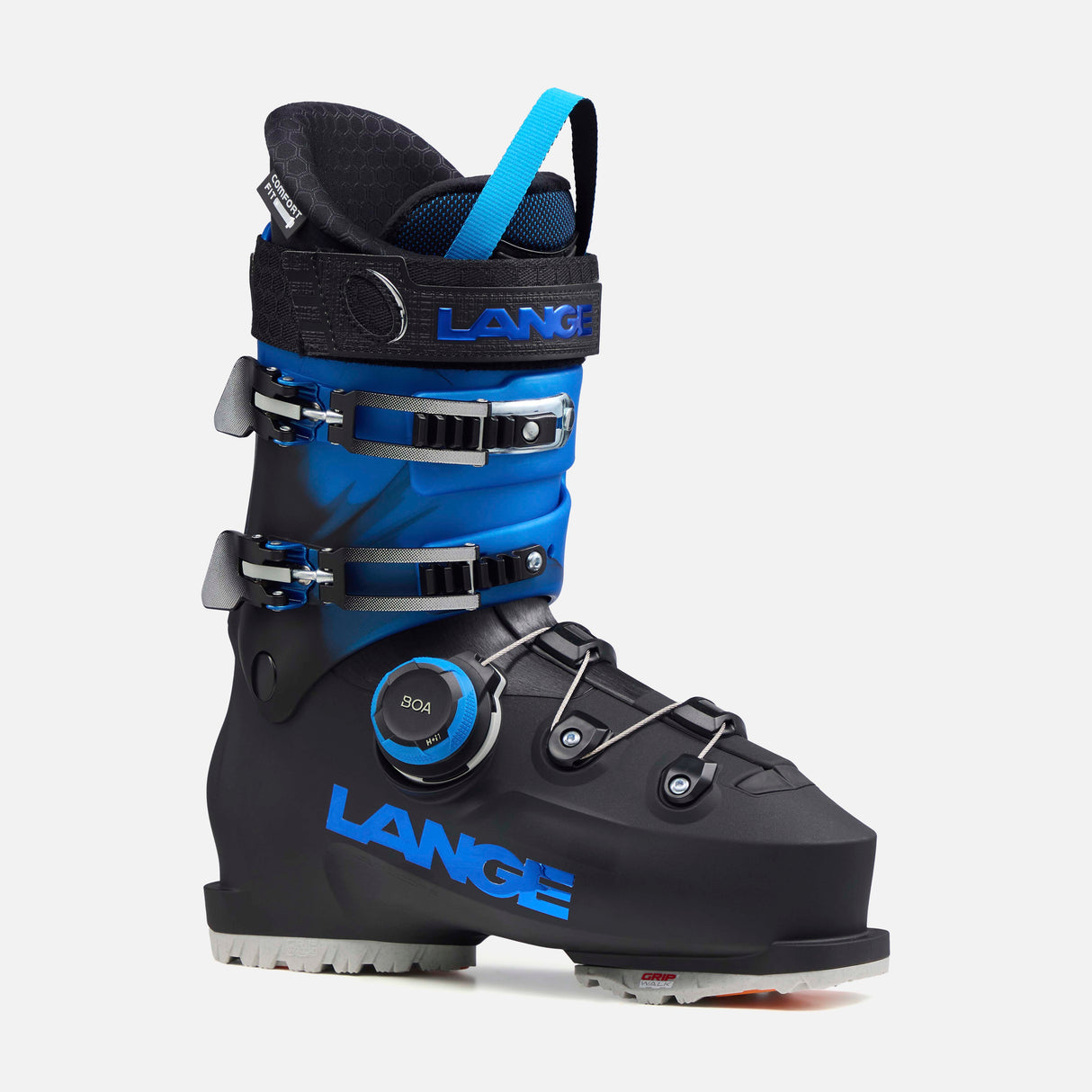 Concept12BOA- Black and blue ski boot on a white background