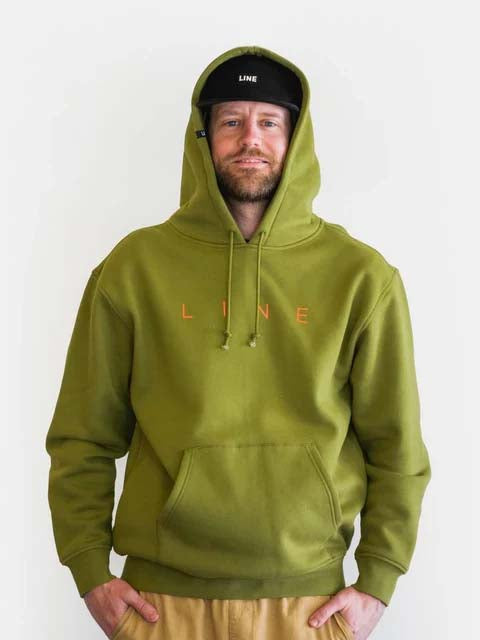 CorpoHoodie-Person wearing a green hoodie with 'LINE' branding on a white background