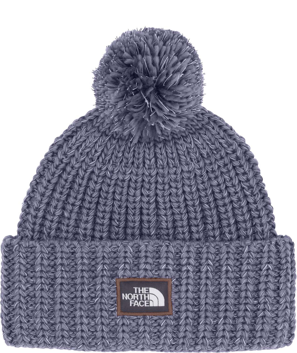 CozyChunkyCabinBeanie-Purple knit beanie with pom-pom and The North Face logo on a white background