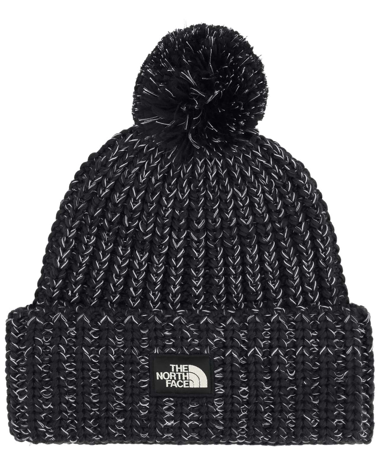 CozyChunkyCabinBeanie-Black knit beanie with pom-pom and The North Face logo on a white background