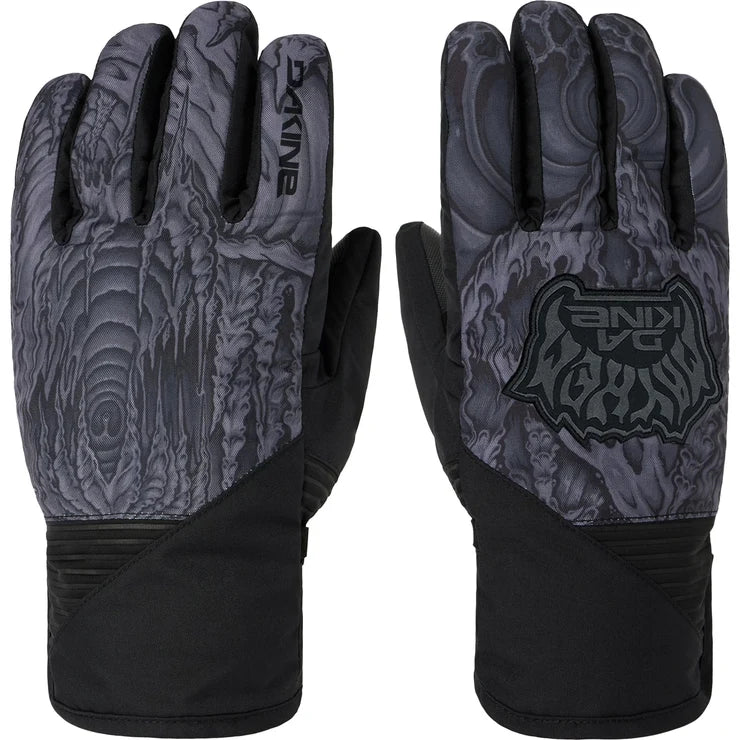 CrossfireShortGlove-A pair of dark gray and black ski gloves with a textured, abstract pattern on the backs and palms, featuring the Dakine brand logo.