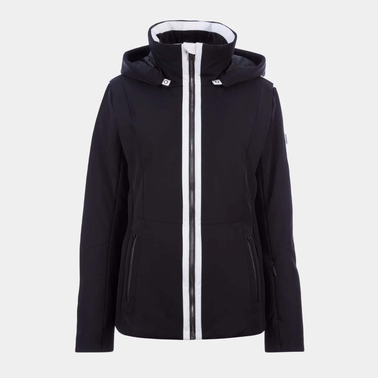 DaniellaStretchJacket-A black hooded ski jacket with a prominent white vertical stripe running down the front zipper area, shown on a light gray background.