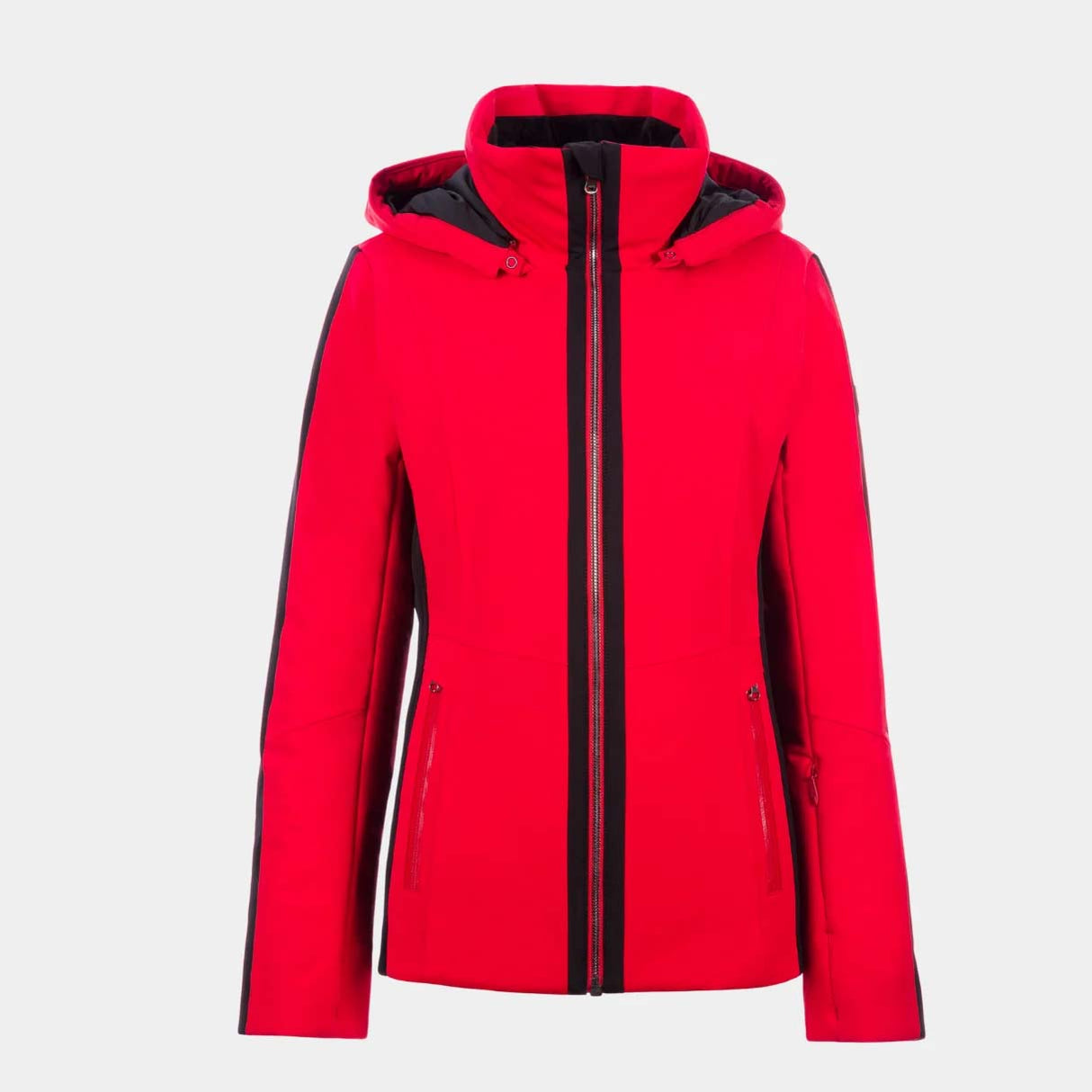 DaniellaStretchJacket-A bright red hooded jacket with black side panels and a black center zipper, shown against a light gray background.