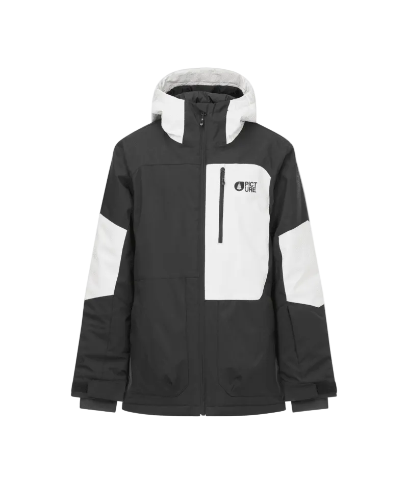 DaumyJacket- A colorblock hooded jacket in black, white, and gray, featuring a vertical zippered chest pocket with a logo on the left side, shown against a plain white background.