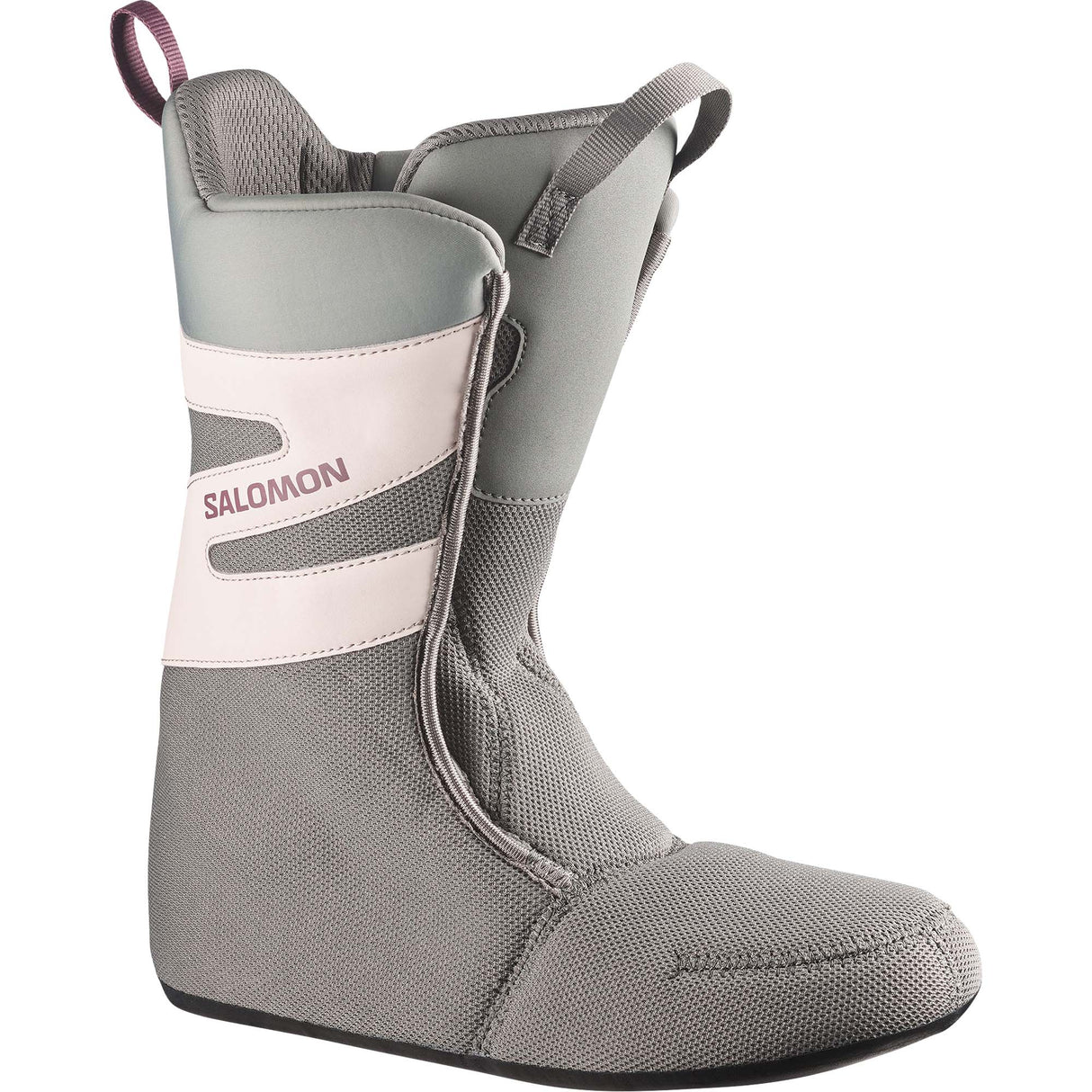 Dialogue- Cream snowboard boot with maroon accents shown on a white background
