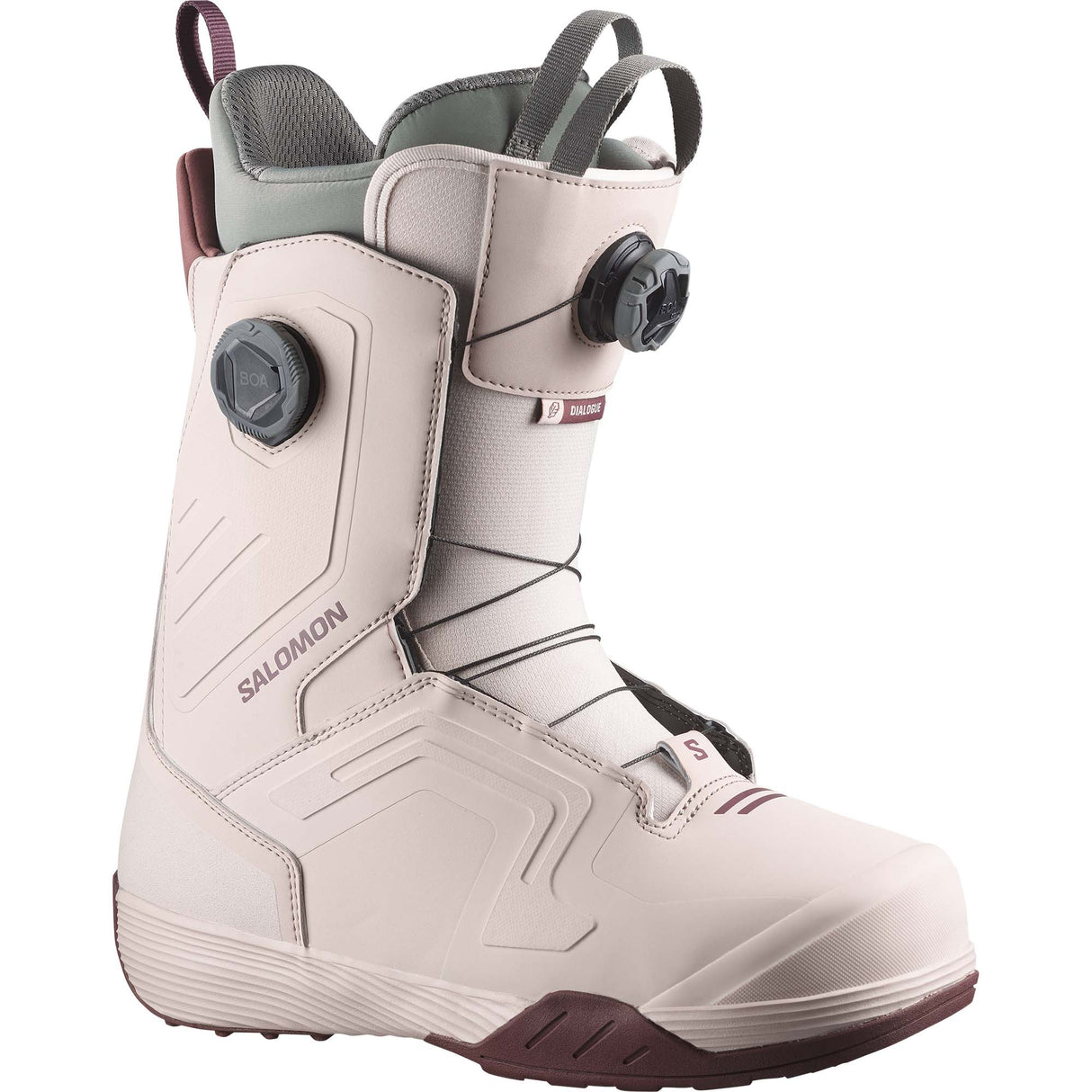 Dialogue- Cream snowboard boot with maroon accents shown on a white background