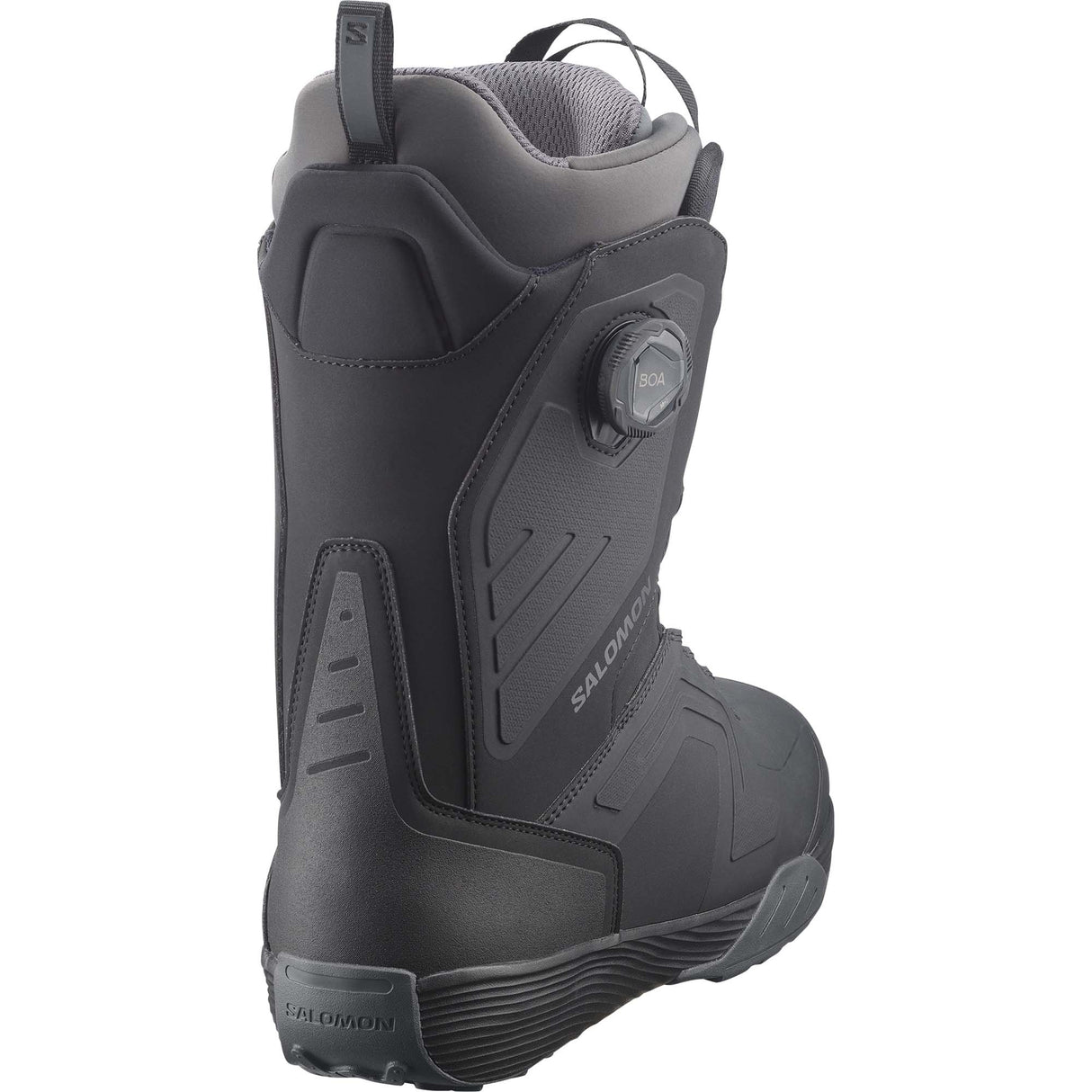 Dialogue- Black snowboard boot with Salomon branding on a white background