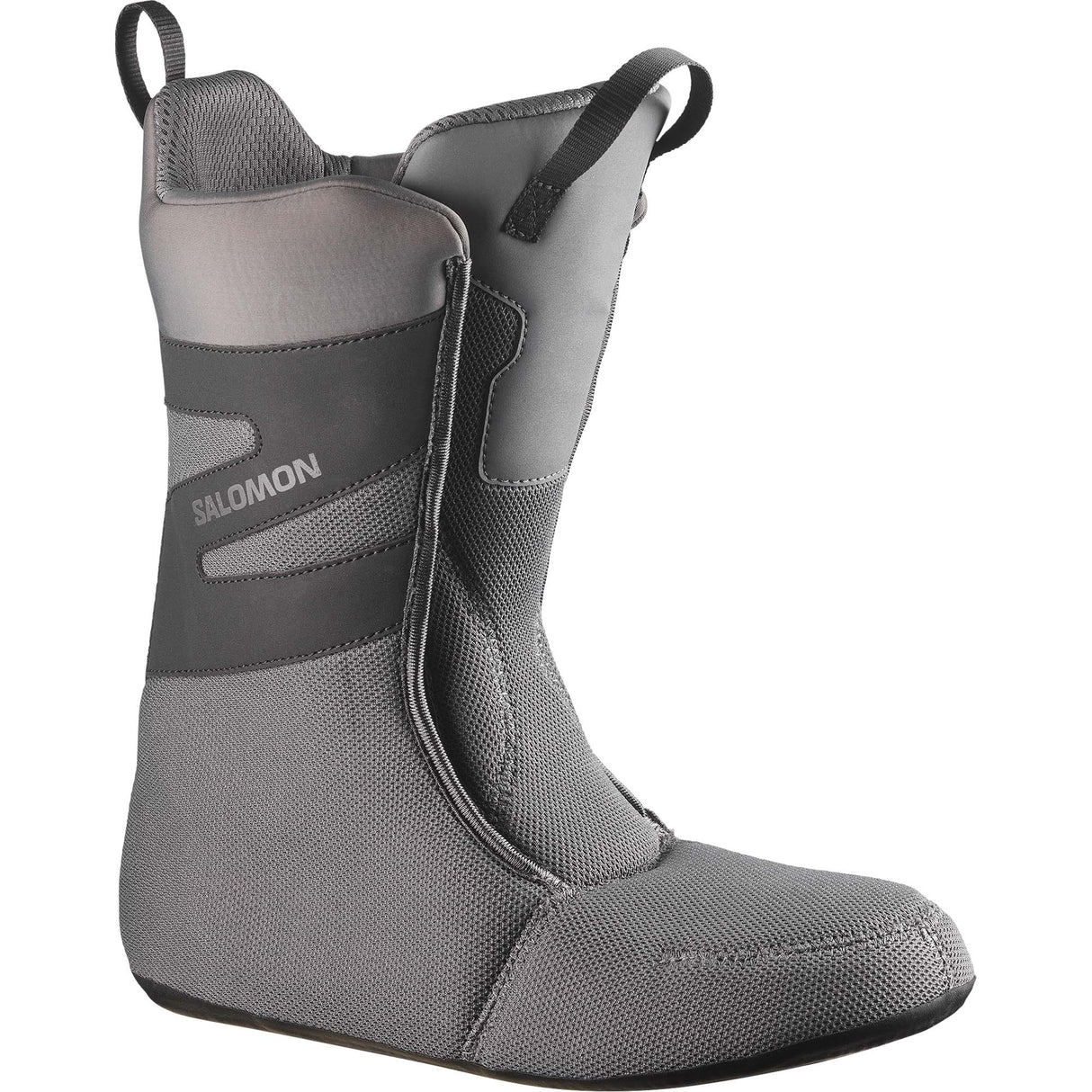 DialogueWide- Black snowboard boot with Salomon branding on a white background