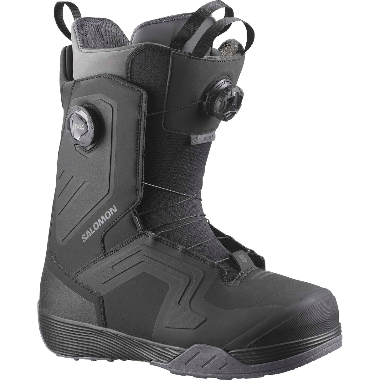 DialogueWide- Black snowboard boot with Salomon branding on a white background