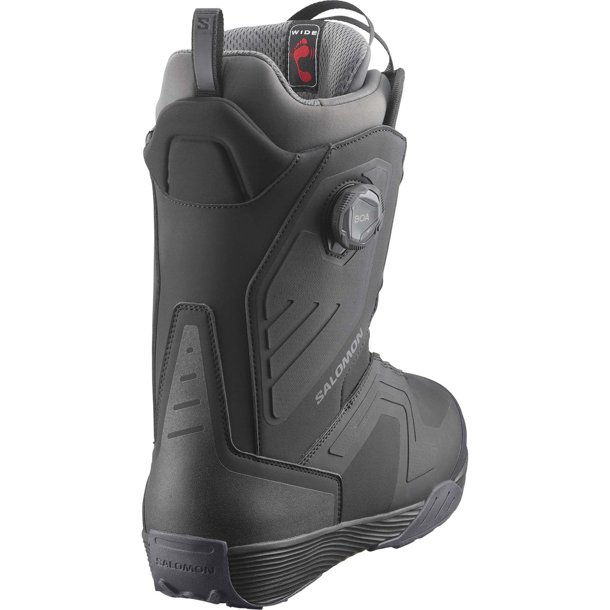 DialogueWide- Black snowboard boot with Salomon branding on a white background