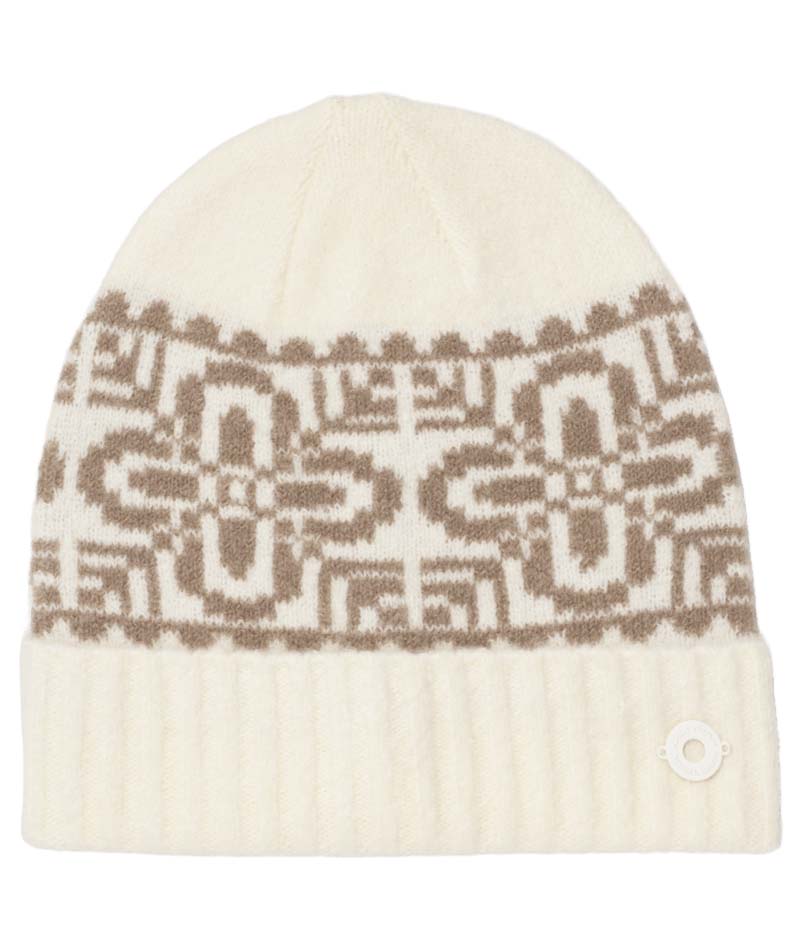 DisaBeanie-White knit beanie with brown geometric pattern on a white background