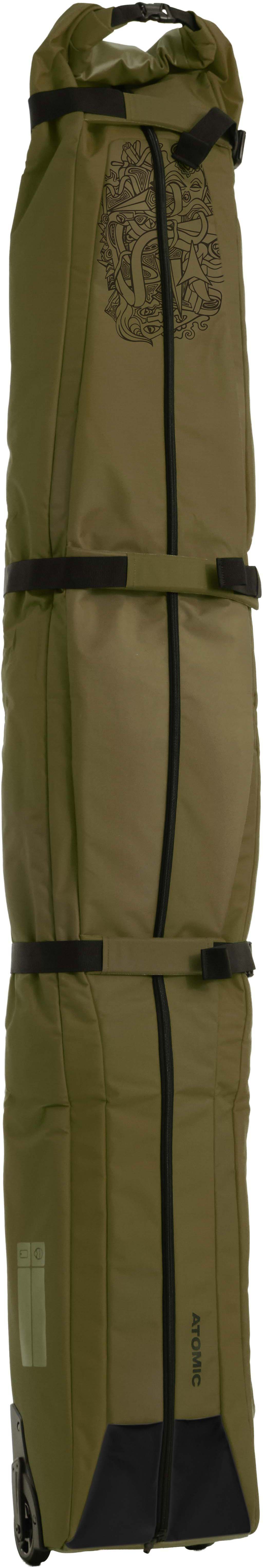DoubleSkiWheelie-Green ski bag with black accents on a white background