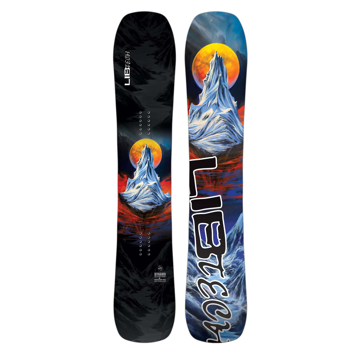 Dynamo- Two views of a snowboard with a mountain and moon design, featuring the Lib logo.
