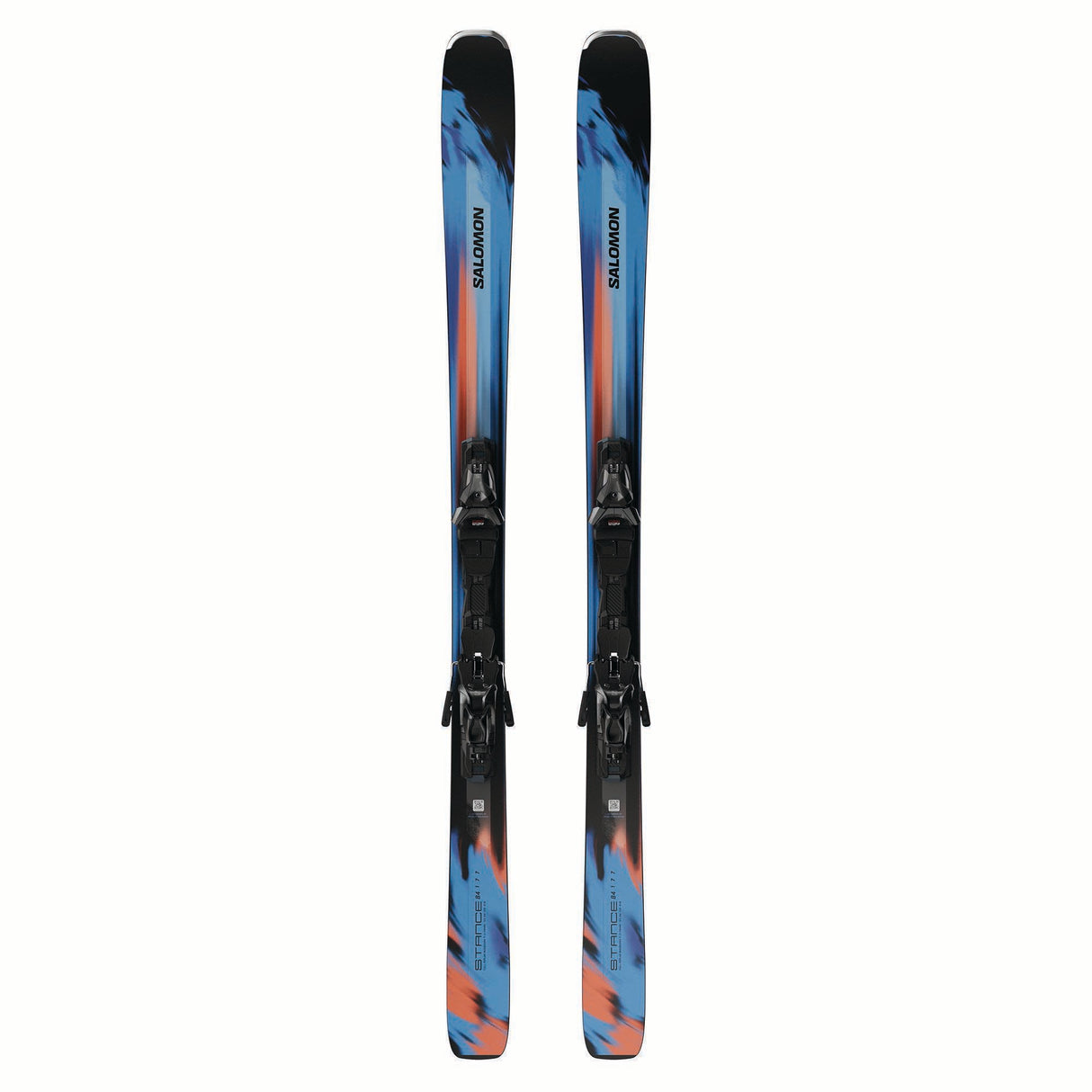 ESTANCE84RMI12GW-Pair of blue and red skis with black bindings on a white background