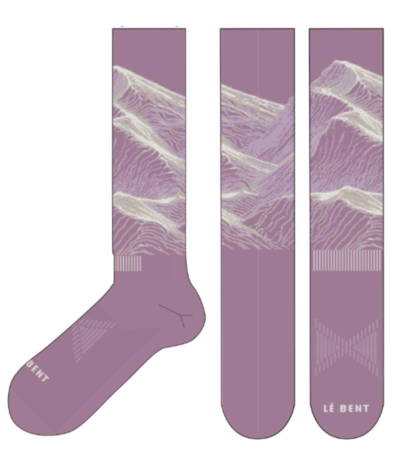 ElyseSaugstadProSeriesZeroCushionSnowSock-Purple socks with mountain design and 'LE BENT' branding on a white background