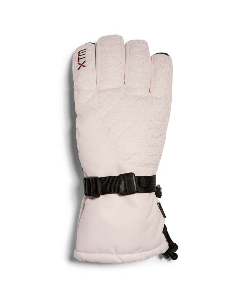 EvieGlove-A single XTM ski glove in a pale pink color, featuring a black adjustable wrist strap and a small red Quiksilver logo on the back of the hand, set against a plain white background.