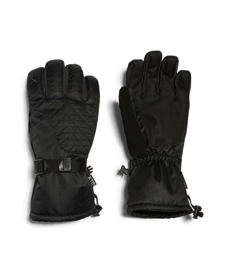 EvieGlove-A pair of black winter gloves shown flat against a white background, displaying both the back of one glove with its diamond-quilted pattern and the front of the other glove with its elastic drawstring cuff.