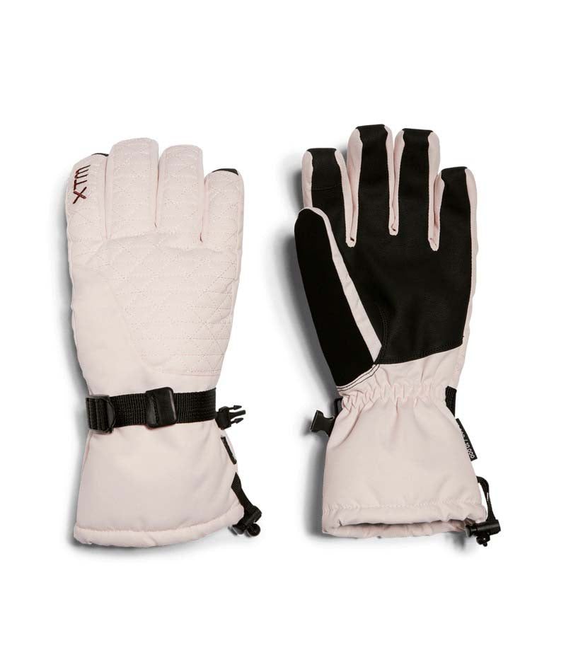 EvieGlove-A pair of ski gloves shown flat against a white background, one glove displaying the back with a black buckle strap and the other showing the palm with black finger protectors.