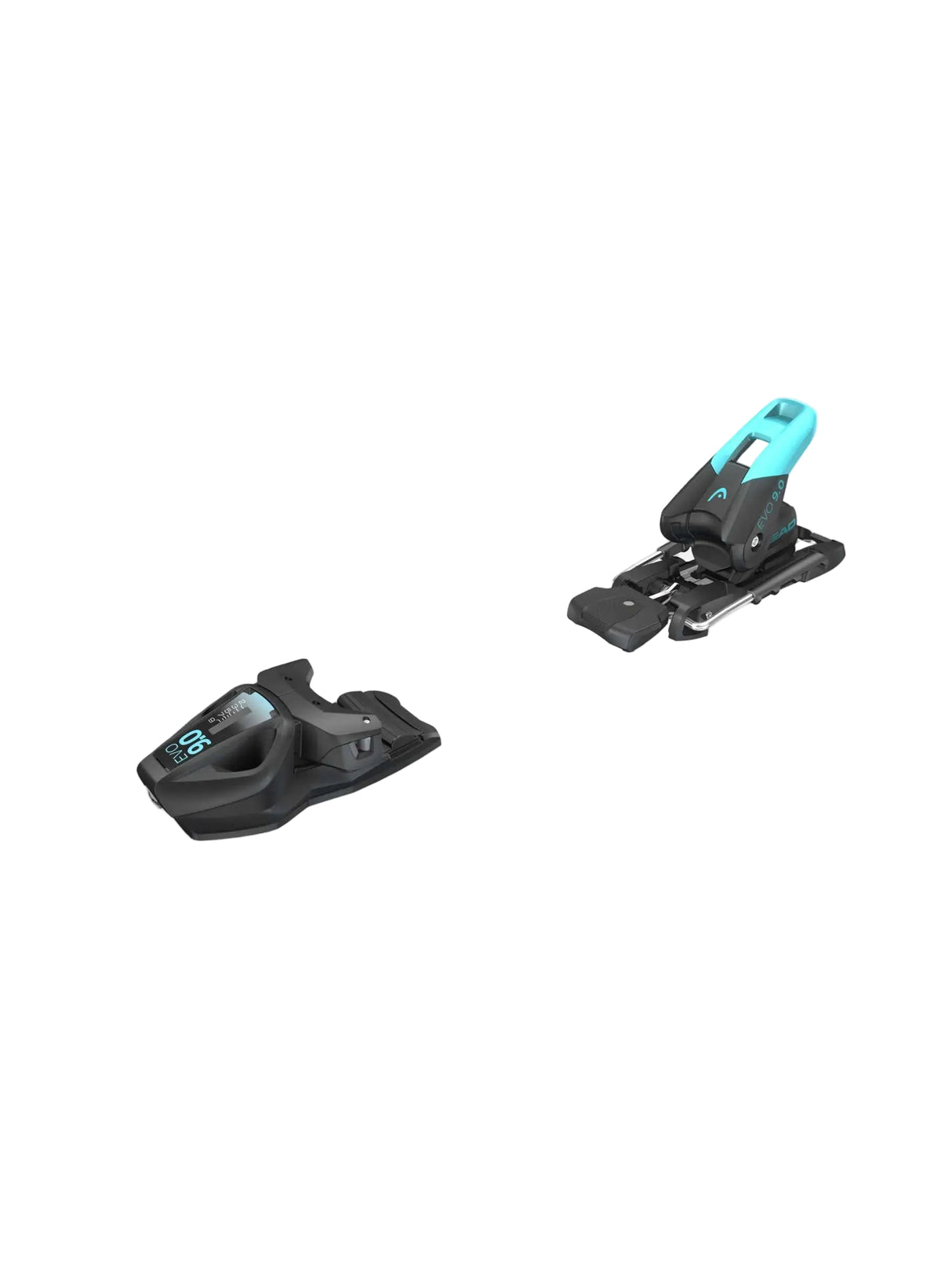 Evo9- Black and blue ski binding on a white background