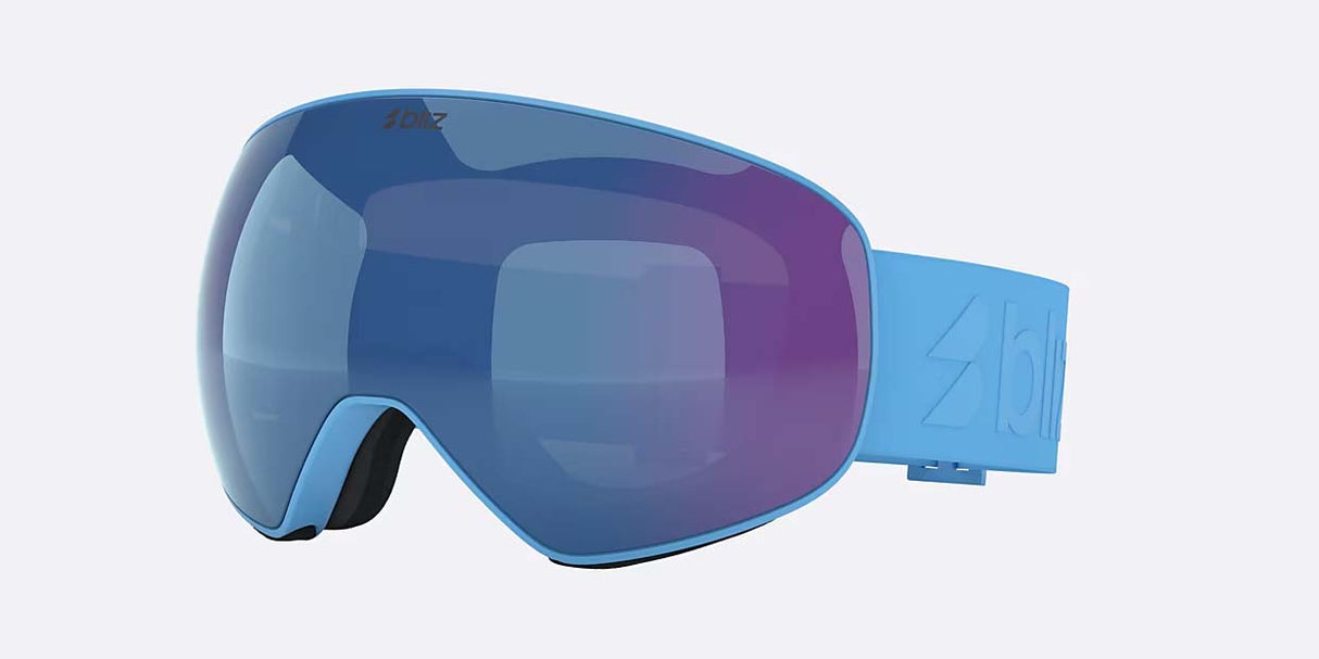FLoz-Blue ski goggles with a blue-to-purple mirrored lens and a light blue strap, shown on a light gray background.