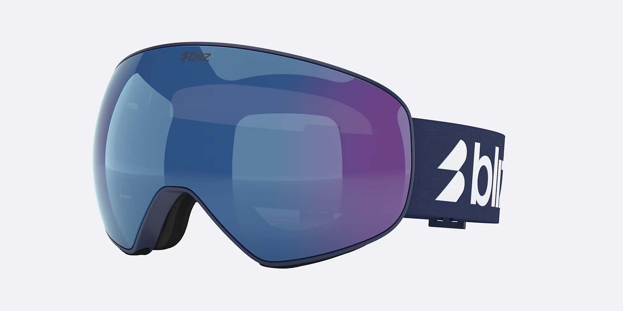 FLoz-A pair of ski goggles with a large curved shield lens featuring a blue-to-purple gradient, a dark navy strap with a white brand logo, and a small 'blz' logo on the lens, shown against a light gray background.