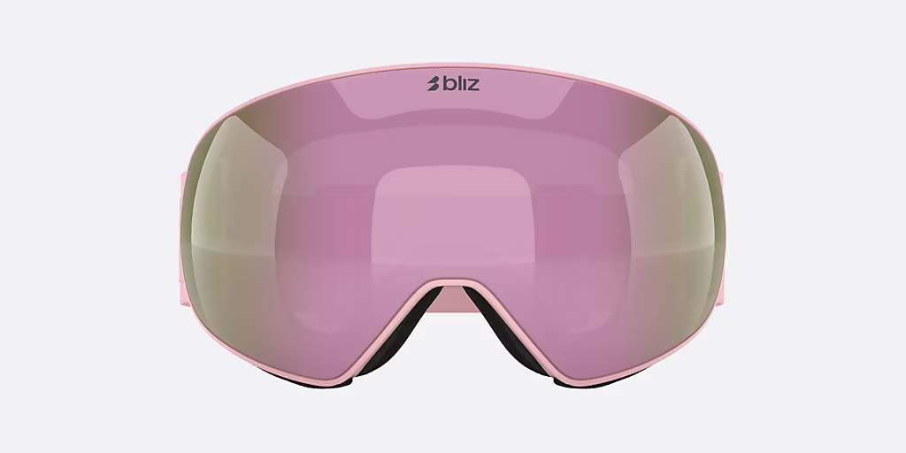 FLoz-Bliz ski goggles with a pink frame and a pink-to-green mirrored lens, shown on a light gray background.