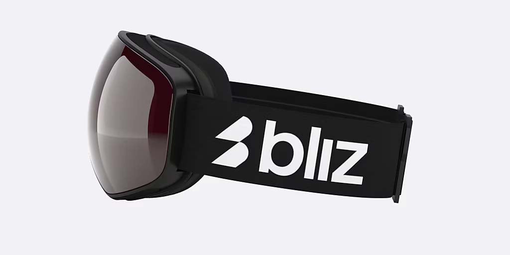 FLoz-Bliz brand ski goggles with a dark burgundy-tinted lens and a black strap featuring a white logo, shown on a light gray background.