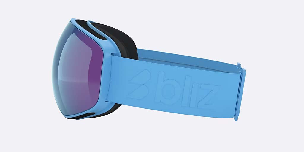 FLoz-Blue ski goggles with a blue-to-purple mirrored lens and a light blue strap, shown on a light gray background.
