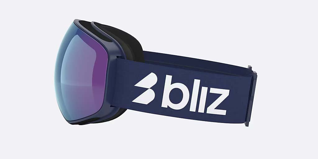 FLoz-A pair of ski goggles with a large curved shield lens featuring a blue-to-purple gradient, a dark navy strap with a white brand logo, and a small 'blz' logo on the lens, shown against a light gray background.