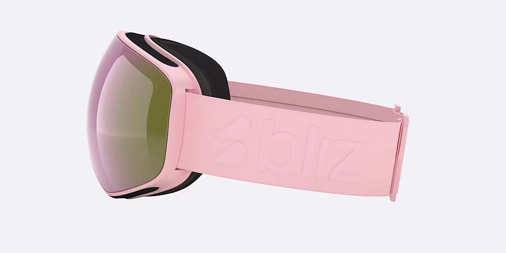 FLoz-Bliz ski goggles with a pink frame and a pink-to-green mirrored lens, shown on a light gray background.
