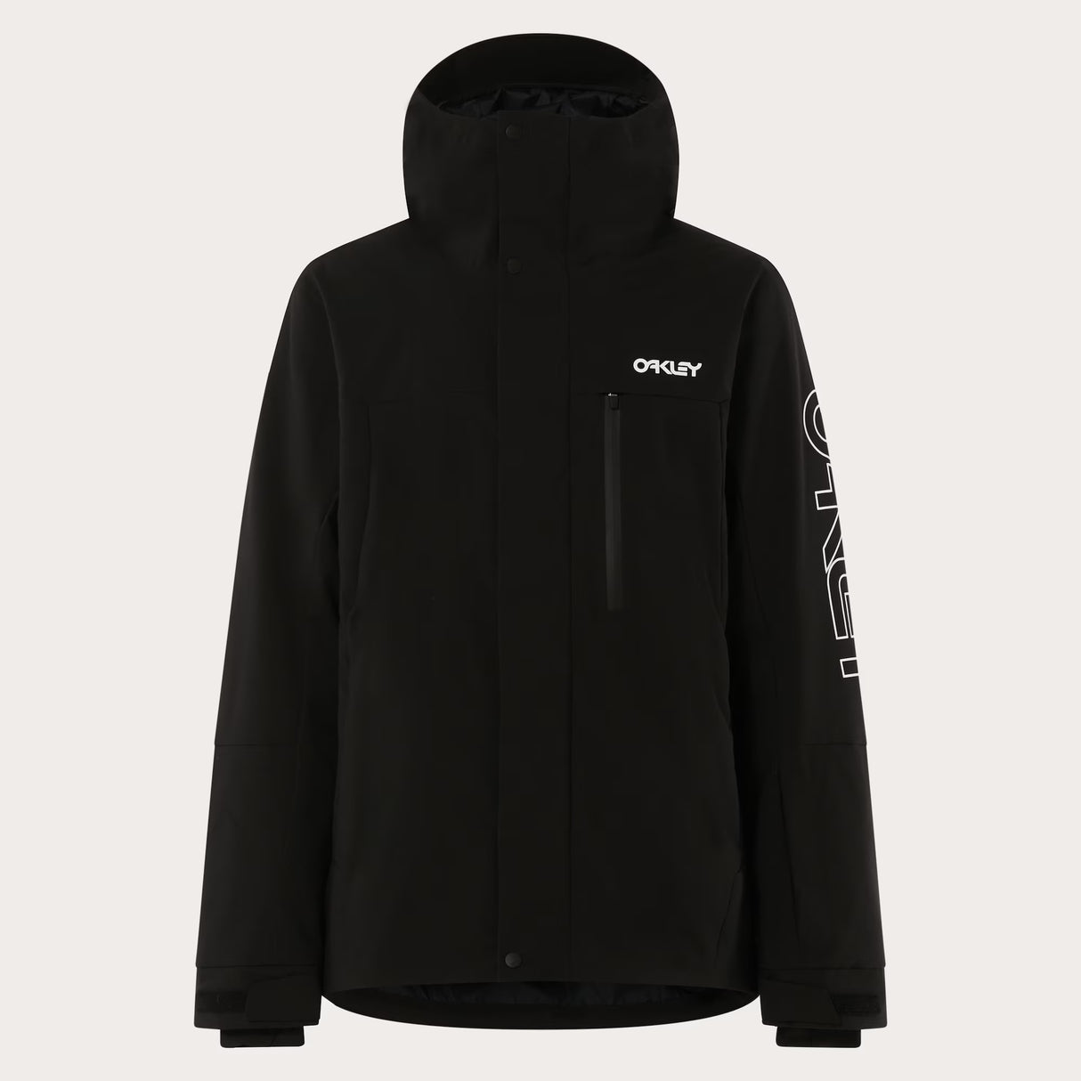 MTNPTBTInsulatedJacket-Black jacket with Oakley logo on a white background
