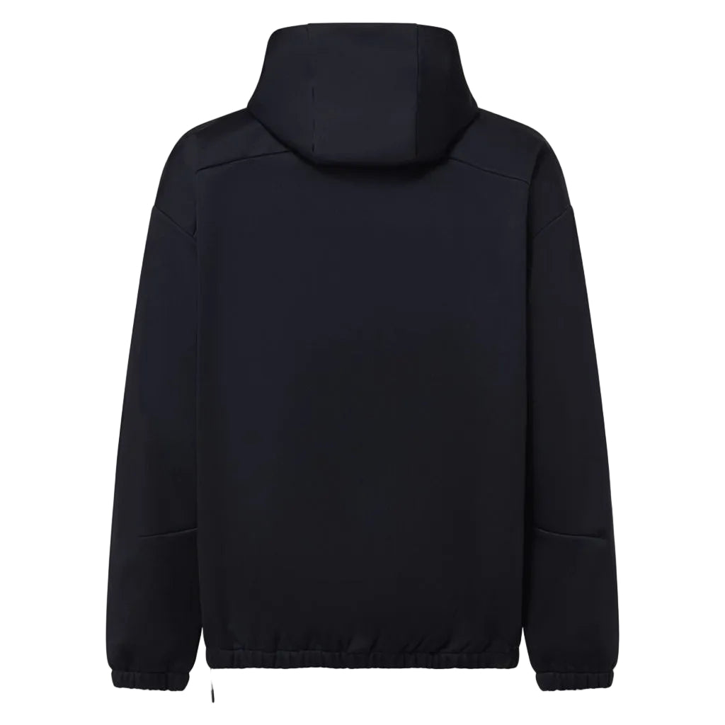 MSolarRailSoftshellHoodie-Black hoodie with a brand logo on a white background