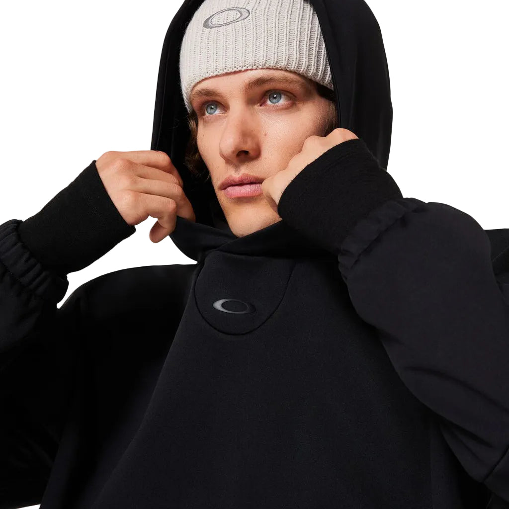 MSolarRailSoftshellHoodie-Black hoodie with a brand logo on a white background