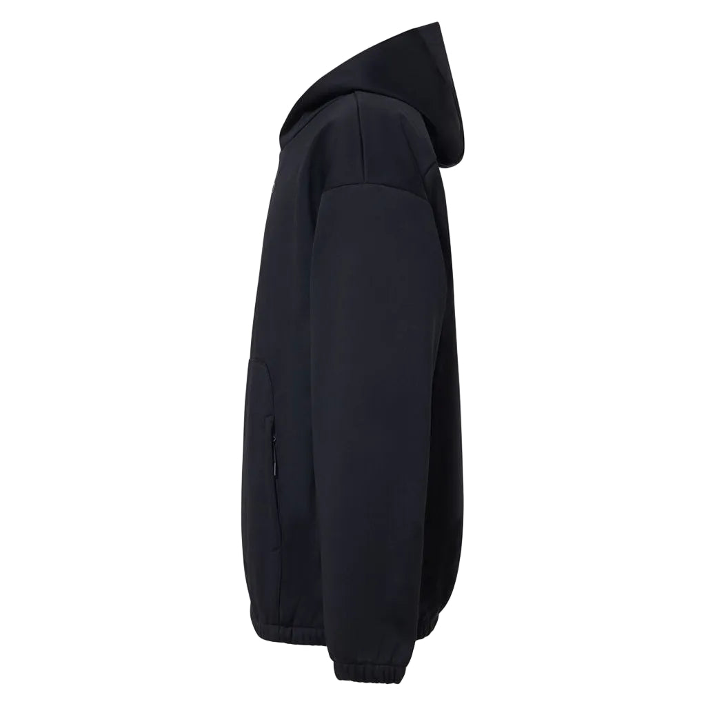 MSolarRailSoftshellHoodie-Black hoodie with a brand logo on a white background