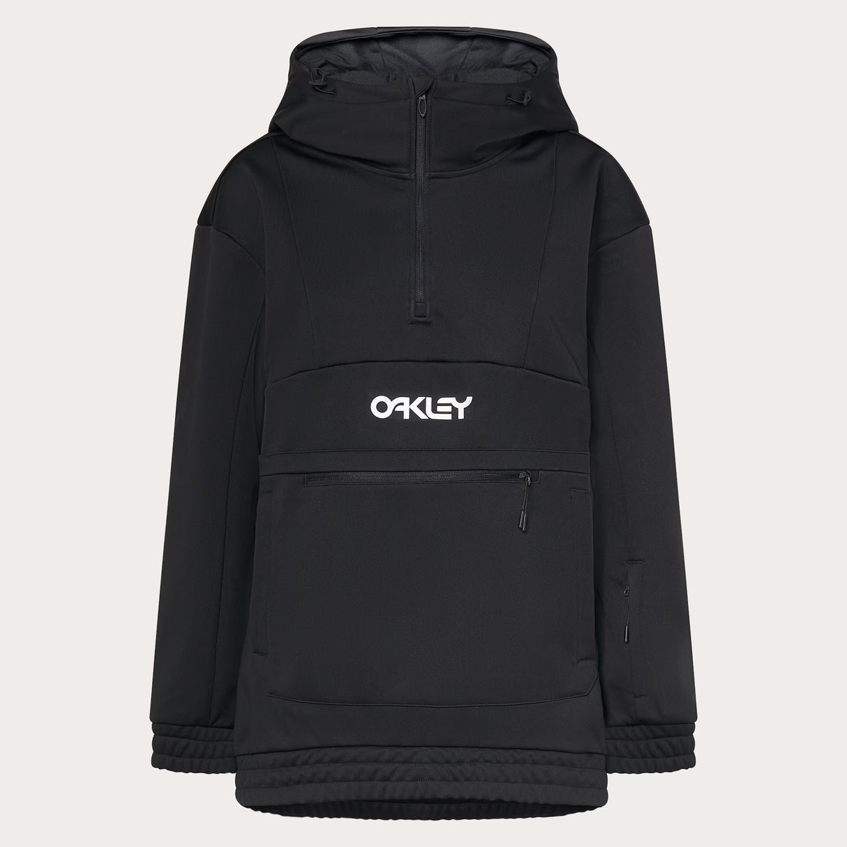 TNP Nose Grab Softshell Hoodie-Black hooded jacket with Oakley logo on a light gray background