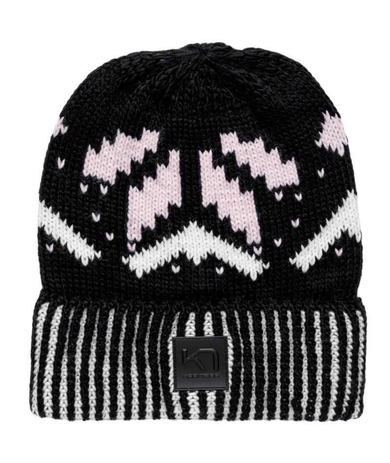 FaithBeanie-Black knit beanie with white and pink pattern on a white background