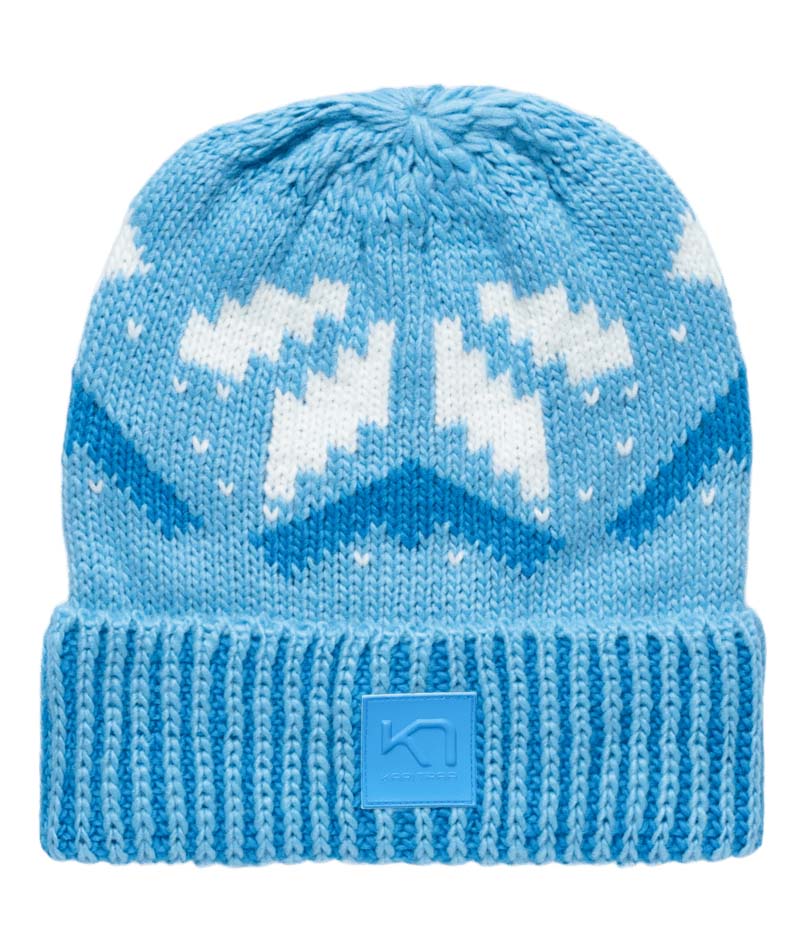 FaithBeanie-Blue knit beanie with mountain pattern on a white background